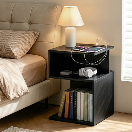 Artiss Bedside Table 2 Shelves S-Shaped Charging Station Black.
