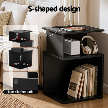 Artiss Bedside Table 2 Shelves S-Shaped Charging Station Black.