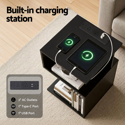 Artiss Bedside Table 2 Shelves S-Shaped Charging Station Black.