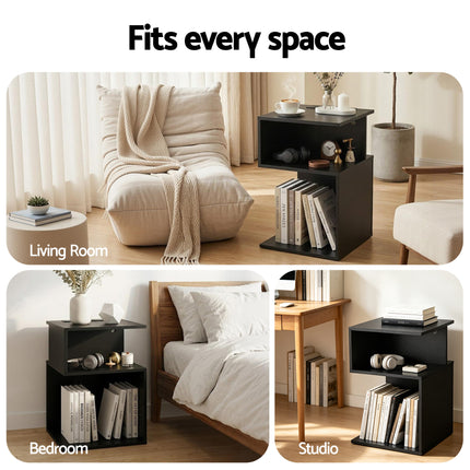 Artiss Bedside Table 2 Shelves S-Shaped Charging Station Black.
