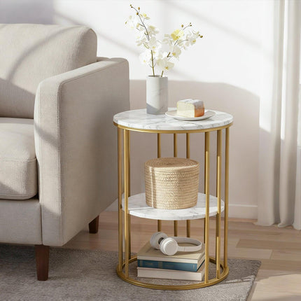 Artiss Coffee Table 2-Tier Round Marble Effect White&Gold.