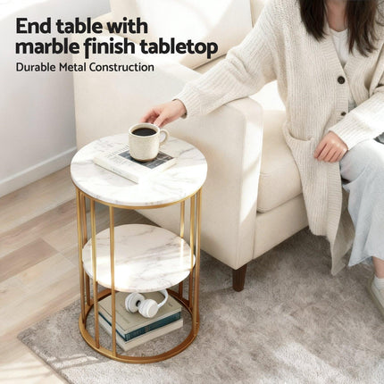 Artiss Coffee Table 2-Tier Round Marble Effect White&Gold.