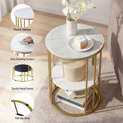 Artiss Coffee Table 2-Tier Round Marble Effect White&Gold.