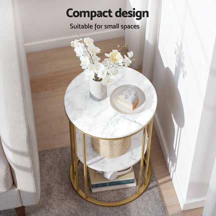 Artiss Coffee Table 2-Tier Round Marble Effect White&Gold.