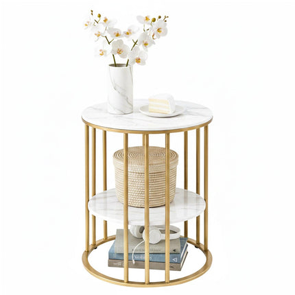 Artiss Coffee Table 2-Tier Round Marble Effect White&Gold.