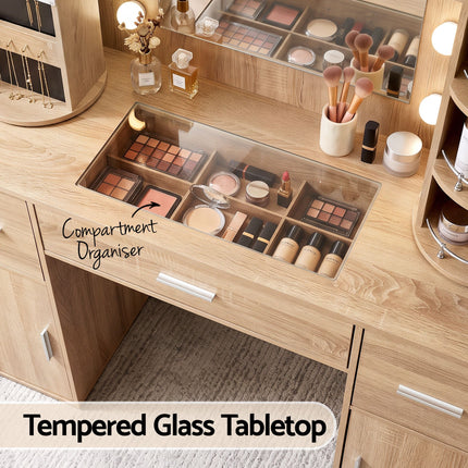 Artiss Dressing Table Vanity Desk LED Mirror Stool Set Charging Station Glass Top Rotating Shelf Wood