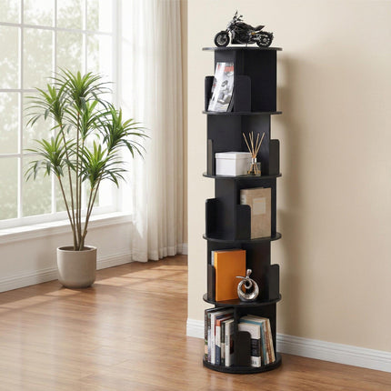 Artiss 5 Tiers Bookshelf Swivel Bookcase Display Shelves Stand Round Black.