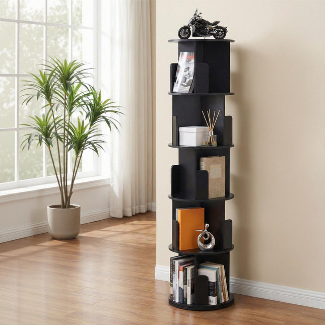 Artiss 5 Tiers Bookshelf Swivel Bookcase Display Shelves Stand Round Black.