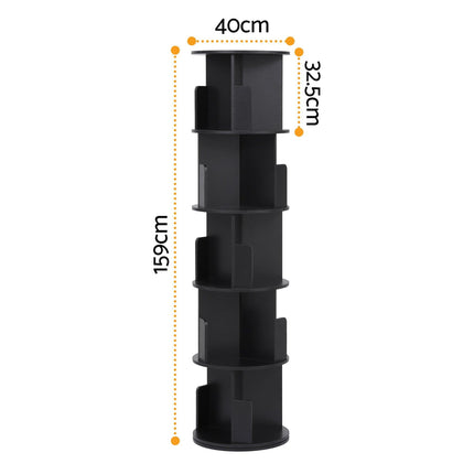 Artiss 5 Tiers Bookshelf Swivel Bookcase Display Shelves Stand Round Black.