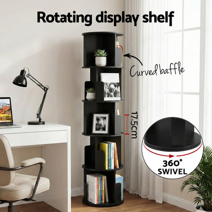 Artiss 5 Tiers Bookshelf Swivel Bookcase Display Shelves Stand Round Black.