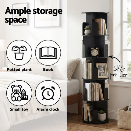 Artiss 5 Tiers Bookshelf Swivel Bookcase Display Shelves Stand Round Black.