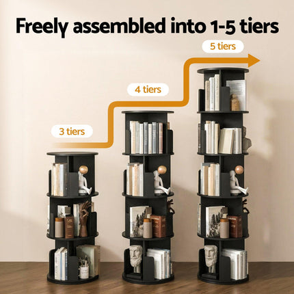 Artiss 5 Tiers Bookshelf Swivel Bookcase Display Shelves Stand Round Black.