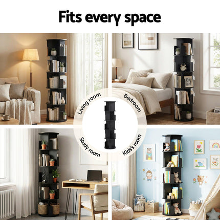 Artiss 5 Tiers Bookshelf Swivel Bookcase Display Shelves Stand Round Black.