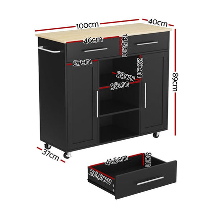 Artiss Kitchen Island Trolley Rolling Serving Cart Storage Drawer Cabinet 100cm Black.