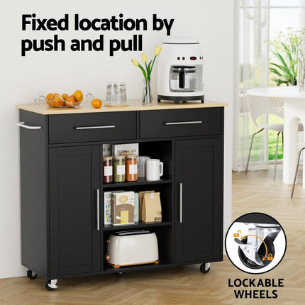 Artiss Kitchen Island Trolley Rolling Serving Cart Storage Drawer Cabinet 100cm Black.