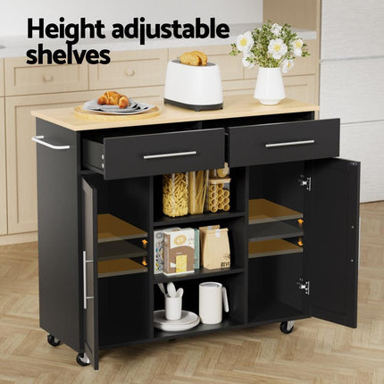 Artiss Kitchen Island Trolley Rolling Serving Cart Storage Drawer Cabinet 100cm Black.