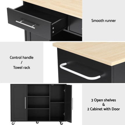 Artiss Kitchen Island Trolley Rolling Serving Cart Storage Drawer Cabinet 100cm Black.