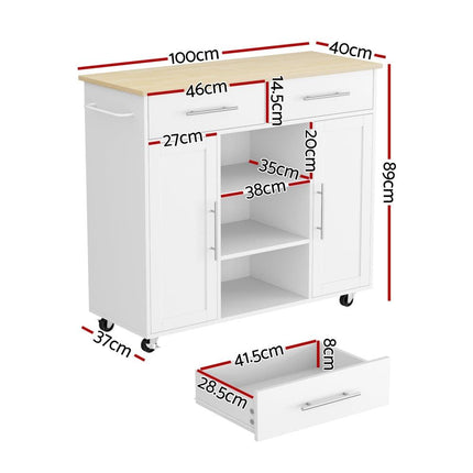 Artiss Kitchen Island Trolley Rolling Serving Cart Storage Drawer Cabinet 100cm White.