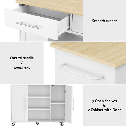 Artiss Kitchen Island Trolley Rolling Serving Cart Storage Drawer Cabinet 100cm White.