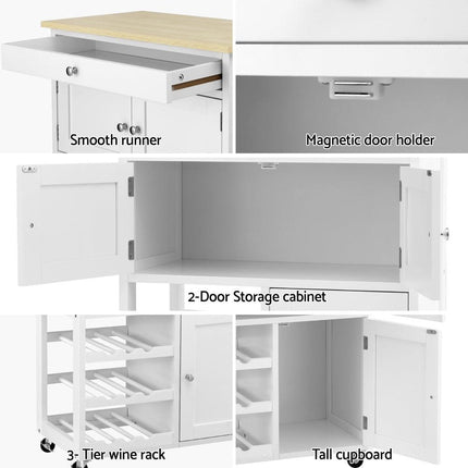 Artiss Kitchen Island Trolley Rolling Serving Cart Storage Cart Drawer Cupboard.