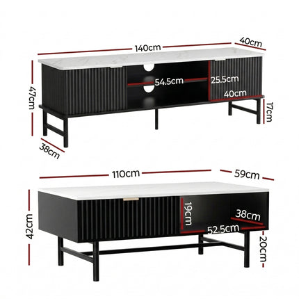 Artiss TV Unit & Coffee Table Set Storage Shelf Black.
