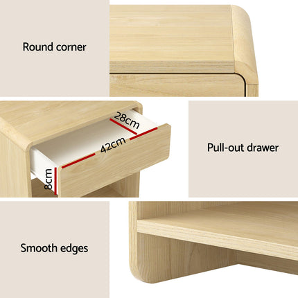 Artiss Bedside Table Drawer Open Shelf Pine.