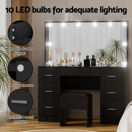 Artiss Dressing Table Vanity Desk Set Stool 10 Led Bulbs Black.