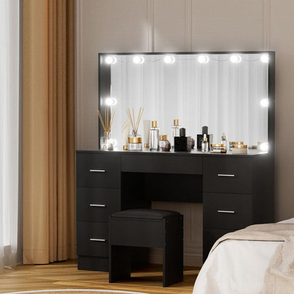 Artiss Dressing Table Vanity Desk Set Stool 10 Led Bulbs Black.
