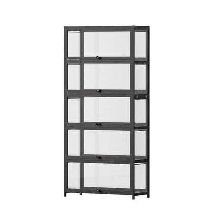 Artiss 5-Tier Display Cabinet Storage Bookshelf Clear Shelf Black.