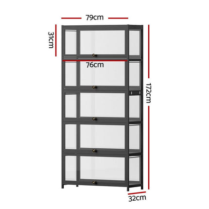Artiss 5-Tier Display Cabinet Storage Bookshelf Clear Shelf Black.