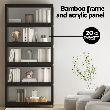 Artiss 5-Tier Display Cabinet Storage Bookshelf Clear Shelf Black.