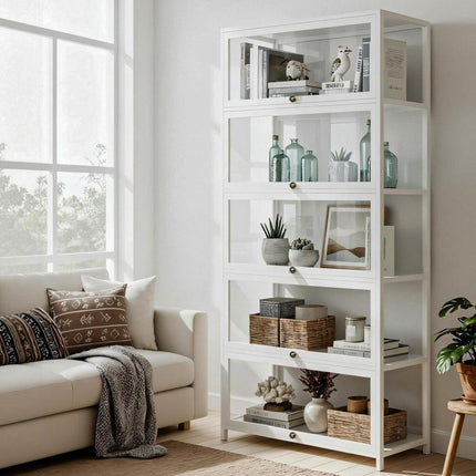 Artiss 5-Tier Display Cabinet Storage Bookshelf Clear Shelf White.