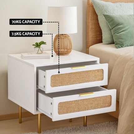 Artiss Rattan Bedside Table 2 Drawers Pine.