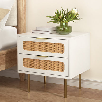 Artiss Rattan Bedside Table 2 Drawers Pine.