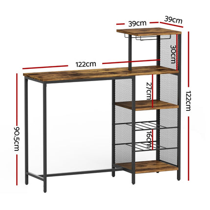 Artiss Industrial Bar Table with Wine Rack Cup Holder Multi-Level Storage 122cm Walnut.