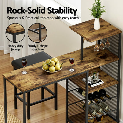 Artiss Industrial Bar Table with Wine Rack Cup Holder Multi-Level Storage 122cm Walnut.