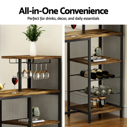Artiss Industrial Bar Table with Wine Rack Cup Holder Multi-Level Storage 122cm Walnut.