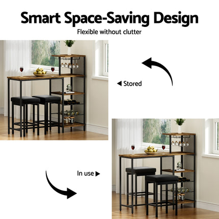 Artiss Industrial Bar Table with Wine Rack Cup Holder Multi-Level Storage 122cm Walnut.