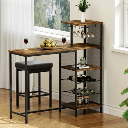 Artiss Industrial Bar Table with Wine Rack Cup Holder Multi-Level Storage 122cm Walnut.