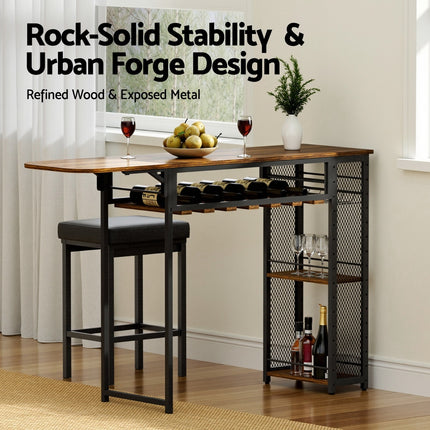 Artiss Industrial Bar Table with Wine Rack Built-in Cup Holder Extendable 140cm.