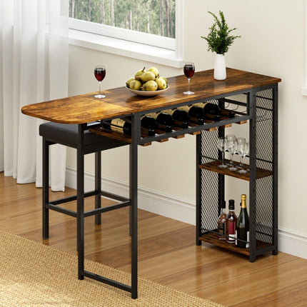 Artiss Industrial Bar Table with Wine Rack Built-in Cup Holder Extendable 140cm.