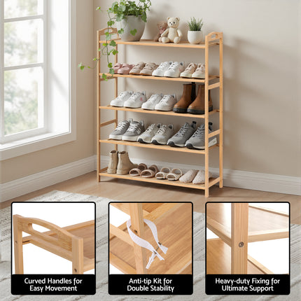 Artiss 5 Tier Shoe Rack Bamboo Storage Organiser Pine.