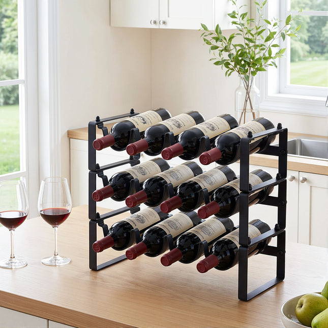 Artiss 3-Tier Wine Rack Metal Freestanding 12 Bottles Modular Countertop Wine Display Shelf Black