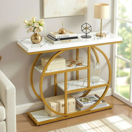 Artiss Console Table Marble Effect 4-Tier Shelves 105CM White&Gold.