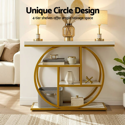 Artiss Console Table Marble Effect 4-Tier Shelves 105CM White&Gold.