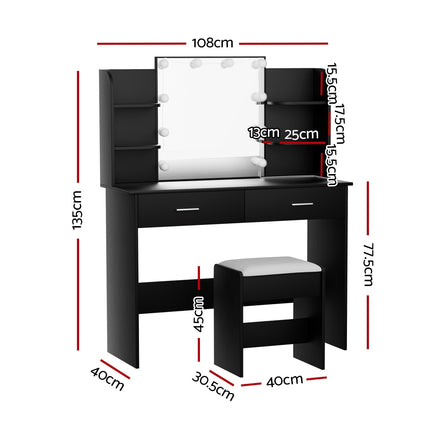 Artiss Dressing Table Set Stool 10 Led Bulbs Black Dulcea.