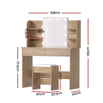 Artiss Dressing Table Set Stool 10 Led Bulbs Wood.