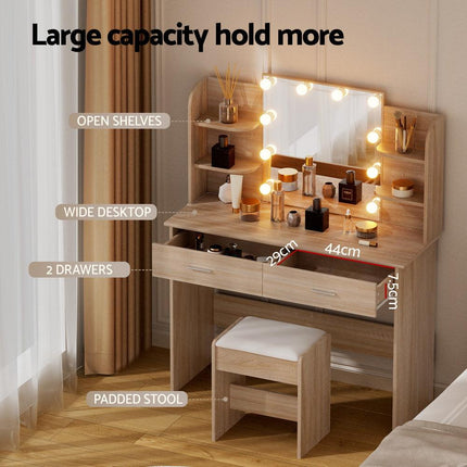 Artiss Dressing Table Set Stool 10 Led Bulbs Wood.