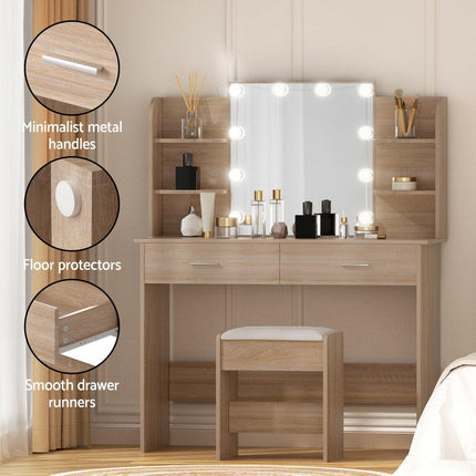 Artiss Dressing Table Set Stool 10 Led Bulbs Wood.