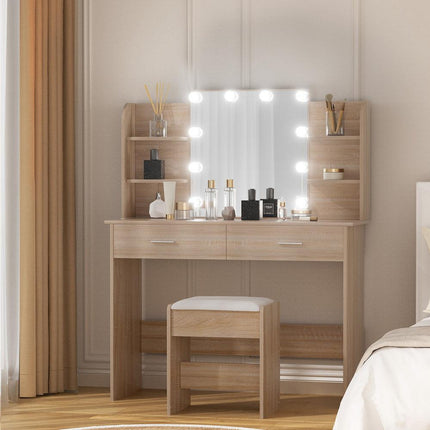 Artiss Dressing Table Set Stool 10 Led Bulbs Wood.